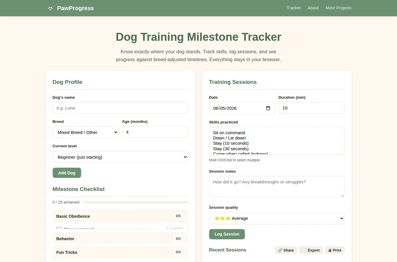 Screenshot of Dog Training Milestone Tracker interface showing the project page in use